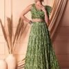 Olive Sequin Embroidered Abstract Print Lehenga Set With Blouse And Dupatta