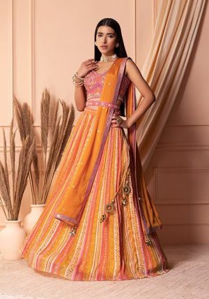Orange Abstract Print Lehenga Set With Contrast Blouse And Dupatta And Belt