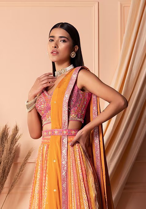 Orange Abstract Print Lehenga Set With Contrast Blouse And Dupatta And Belt