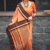 Orange Cotton Printed Saree With Blouse
