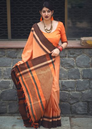 Orange Cotton Printed Saree With Blouse