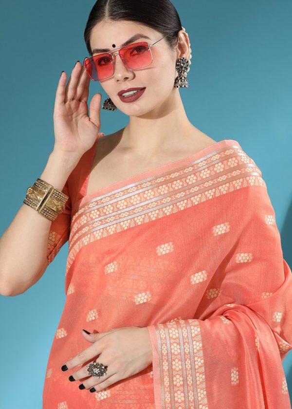 Orange Woven Cotton Saree With Blouse 1