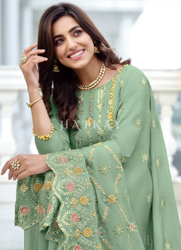 Pale Green Traditional Multi Embroidered Palazzo Suit