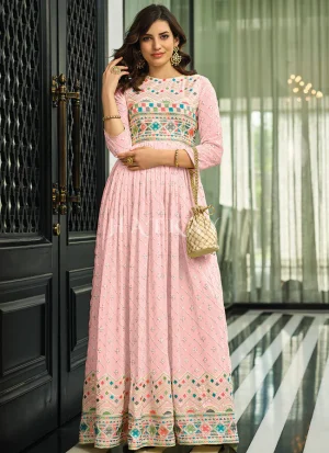 Pale Pink Multi Embroidered Traditional Anarkali Gown