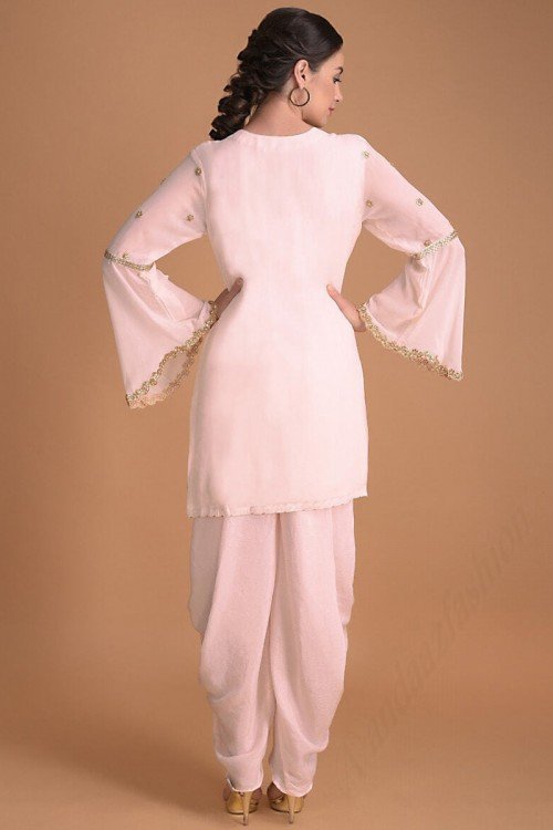 Pale Pink Silk Dhoti Pant Suit With Zari Work