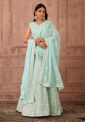 Pastel Green Mughal Floral Embroidered Lehenga Set With Blouse And Dupatta