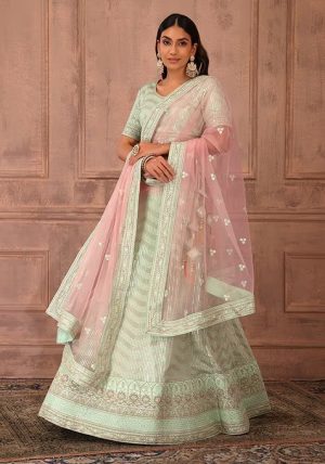 Pastel Green Sequin Embroidered Lehenga Set With Blouse And Dupatta