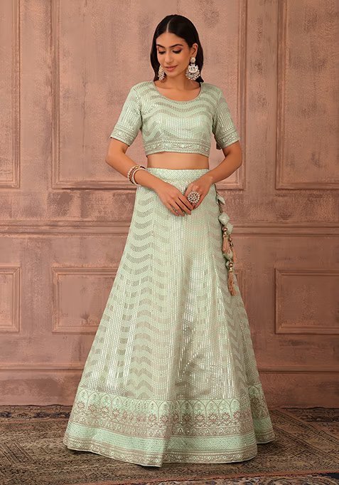 Pastel Green Sequin Embroidered Lehenga Set With Blouse And Dupatta