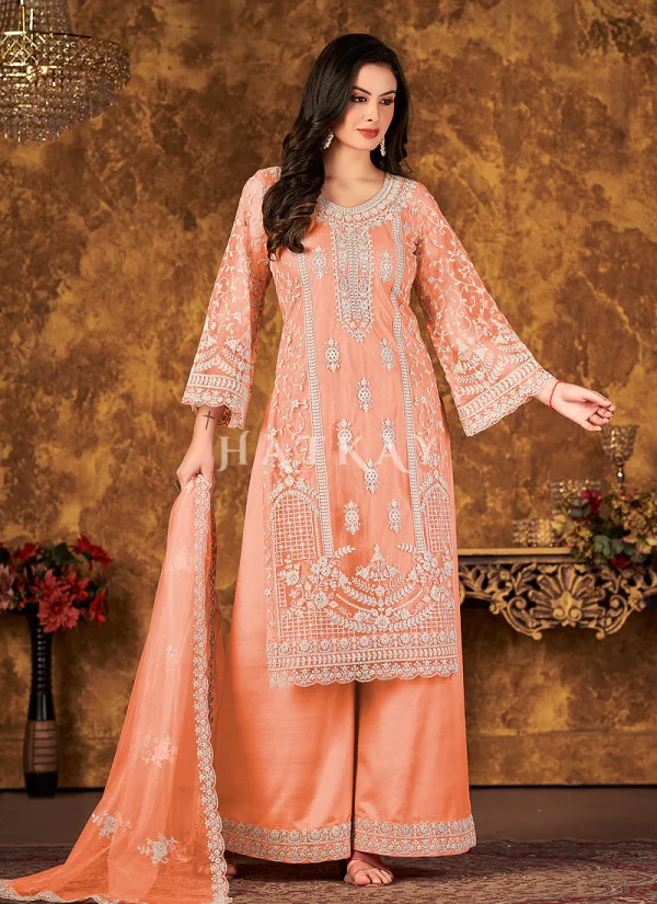 Pastel Orange Embroidered Pakistani Palazzo Suit