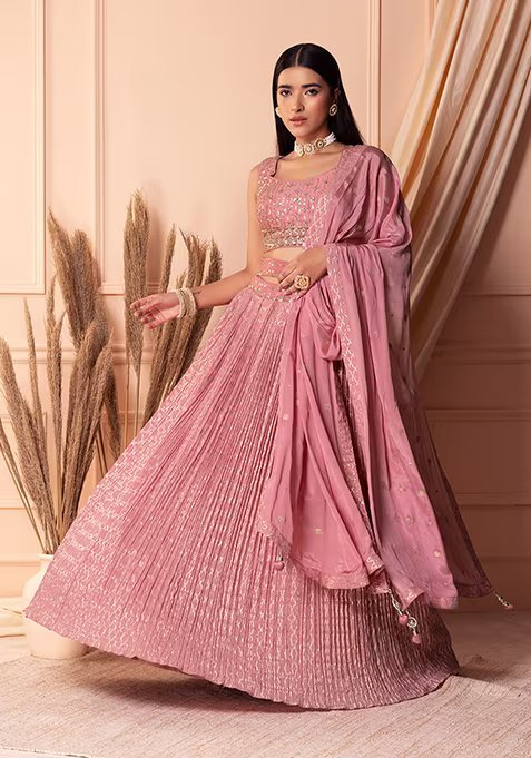 Pastel Pink Pleated Lehenga Set With Blouse And Dupatta And Belt