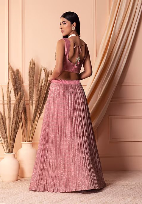 Pastel Pink Pleated Lehenga Set With Blouse And Dupatta And Belt