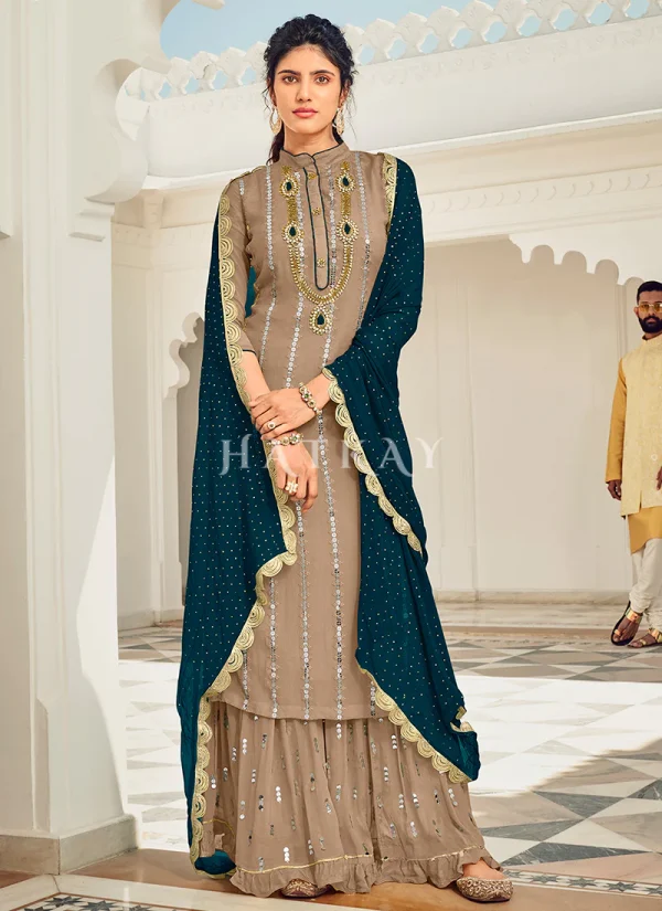 Peach And Turquoise Embroidered Gharara Style Suit
