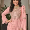Peach Embroidered Georgette Festive Palazzo Suit