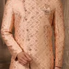 Peach Jacquard Silk Brocade Indowestern Sherwani Wedding Wear