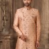 Peach Jacquard Silk Brocade Indowestern Sherwani Wedding Wear