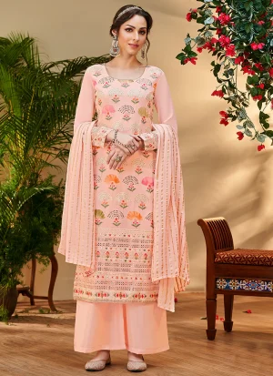 Peach Multi Floral Embroidery Palazzo Style Suit