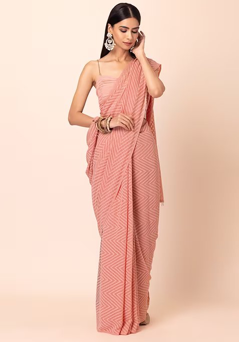 Peach Pearl Tasselled Saree With Unstitched Blouse