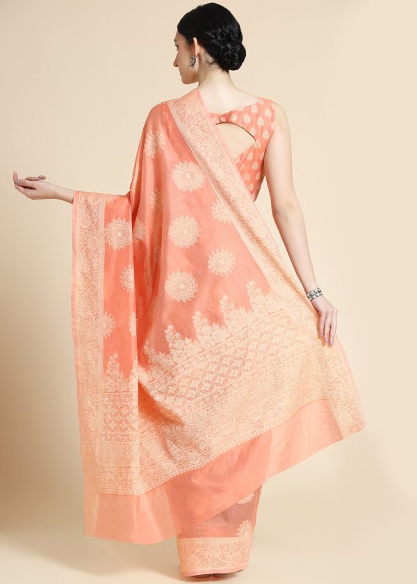 Peach Woven Saree In Cotton