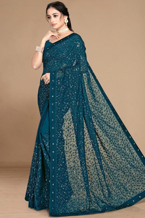 Peacock Blue Georgette Embroidered Saree 1