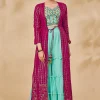 Pink And Blue Embroidered Jacket Style Palazzo Suit