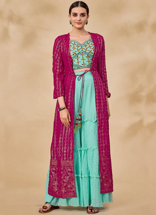Pink And Blue Embroidered Jacket Style Palazzo Suit