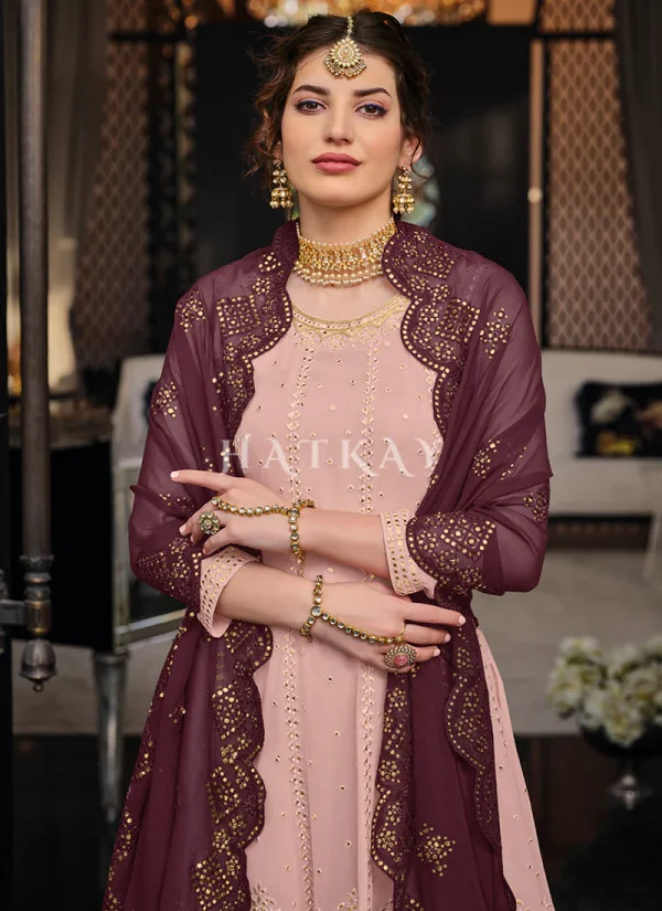 Pink And Mauve Embroidered Palazzo Suit