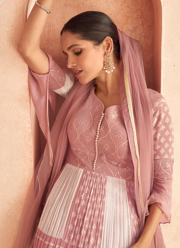 Pink And White Sequence Embroidery Georgette Anarkali Gown