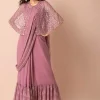 Pink Embroidered Cape Pre-Stitched Saree with Attached Blouse