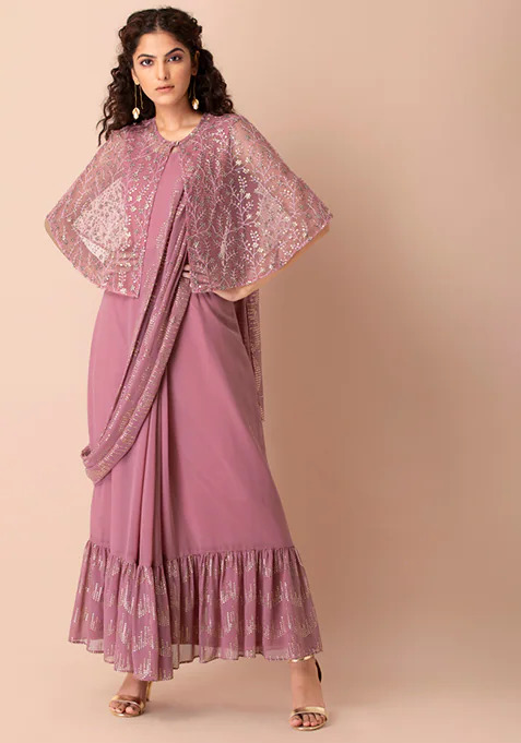 Pink Embroidered Cape Pre-Stitched Saree with Attached Blouse