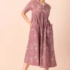 Pink Floral Gathered A-Line Dress