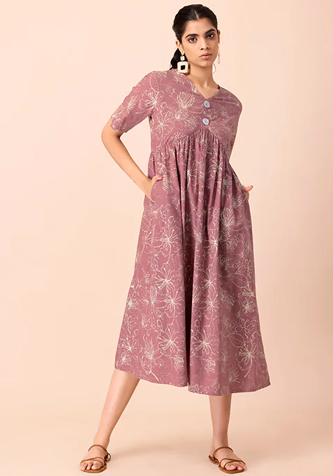 Pink Floral Gathered A-Line Dress