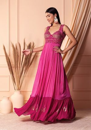 Pink Thread Embroidered Tiered Anarkali Gown