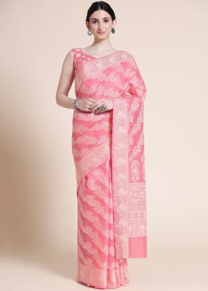 Pink Traditional Woven Saree In Cotton