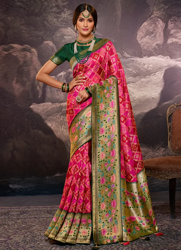 Pink Weaved And Printed Traditional Jacquard Silk Saree