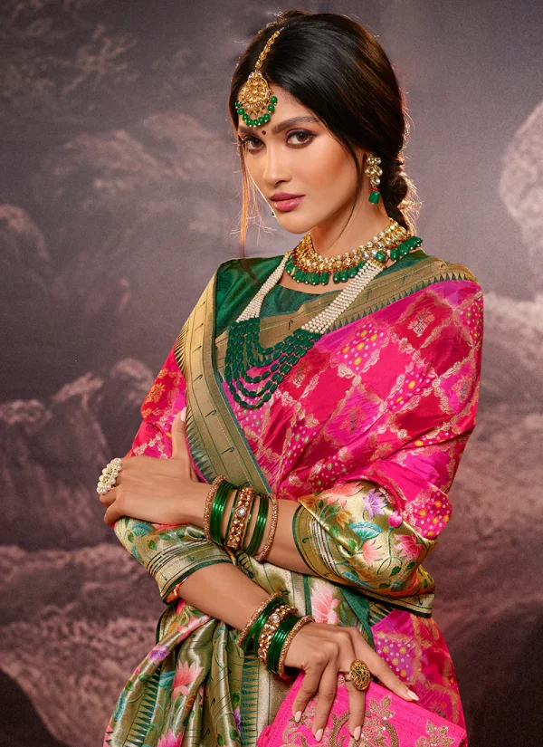 Pink Weaved And Printed Traditional Jacquard Silk Saree