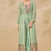 Pista Green Multi Embroidered Jacket Style Sharara Suit