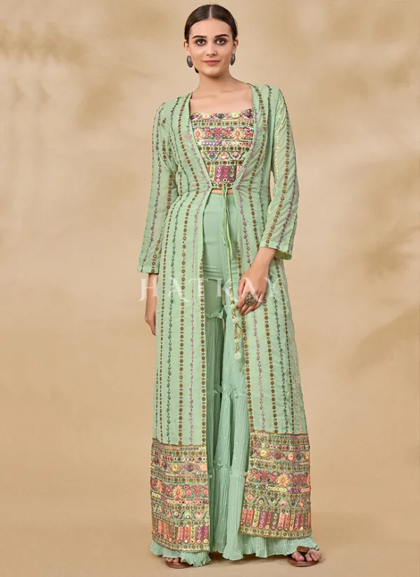 Pista Green Multi Embroidered Jacket Style Sharara Suit