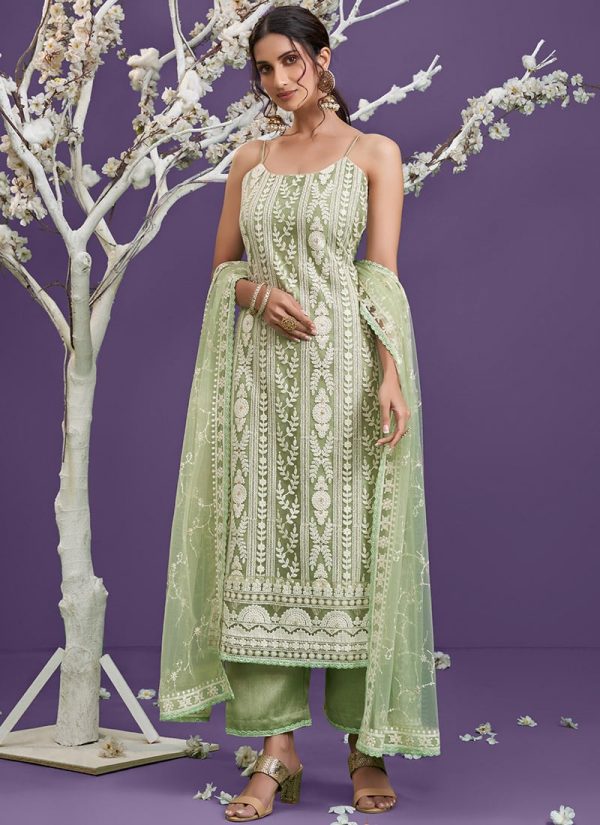 Pista Green Net Embroidered N Sequins Straight Pant Suit Party Wear