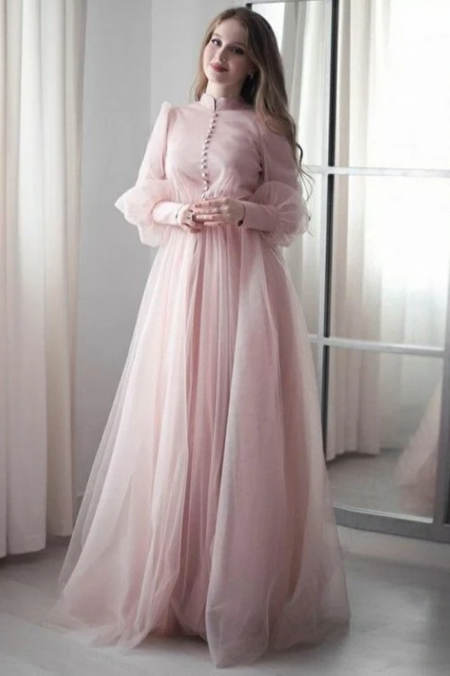 Plain Embroidered Net Light Pink Gown