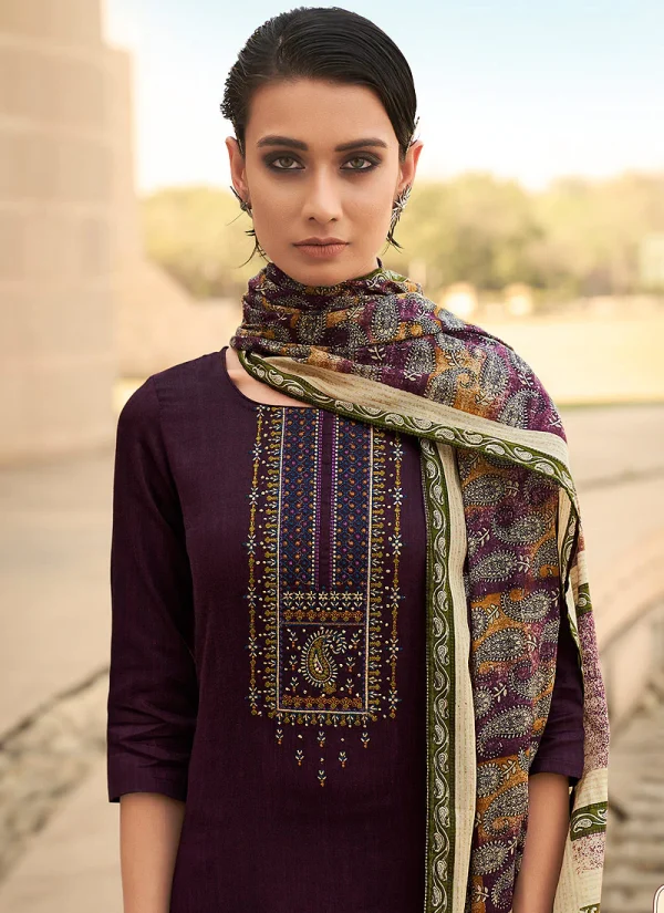 Plum Embroidered Cotton Palazzo Suit