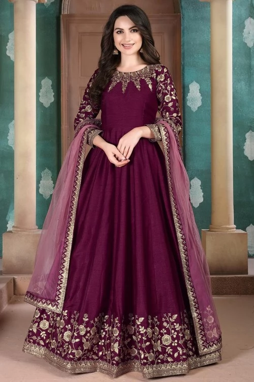 Plum Purple Art Silk Indo-Western Anarkali Suit 1