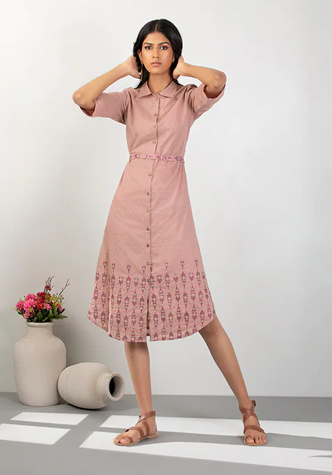 Indya Rose Embroidered Belted Shirt Dress