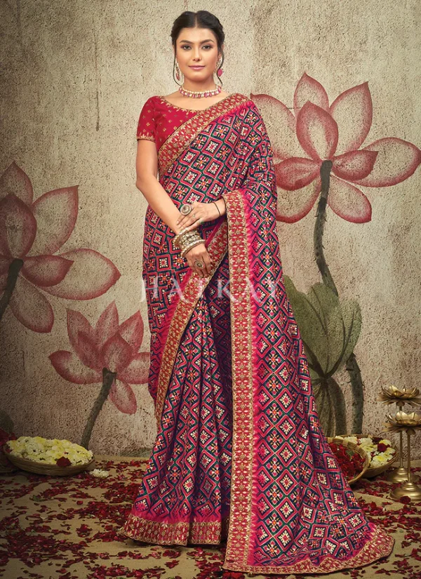 Purple And Red Embroidery Traditional Satin Silk Saree