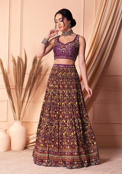 Purple Floral Print Embroidered Lehenga Set With Blouse And Dupatta