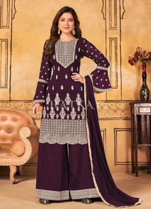 Purple Georgette Embroidery Traditional Palazzo Suit