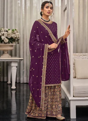 Purple Multi Embroidered Traditional Palazzo Suit