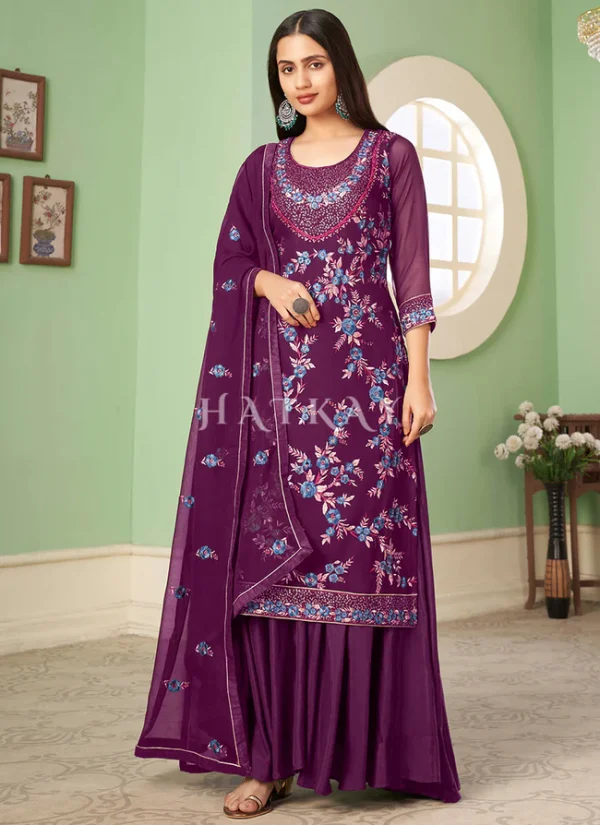 Purple Multi Embroidery Georgette Palazzo Suit