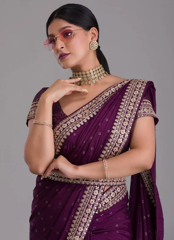 Purple Sequence Embroidery Silk Saree With Belt