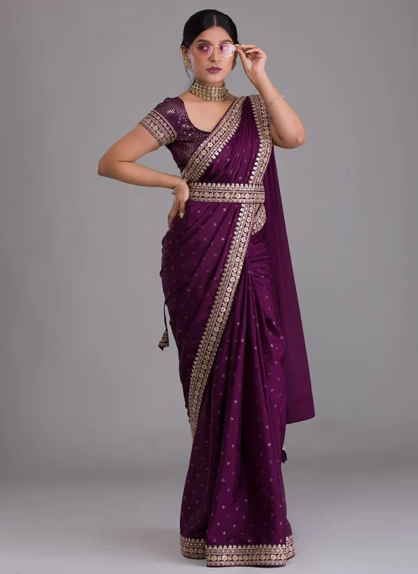 Purple Sequence Embroidery Silk Saree With Belt