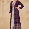 Purple And White Embroidered Jacket Style Palazzo Suit